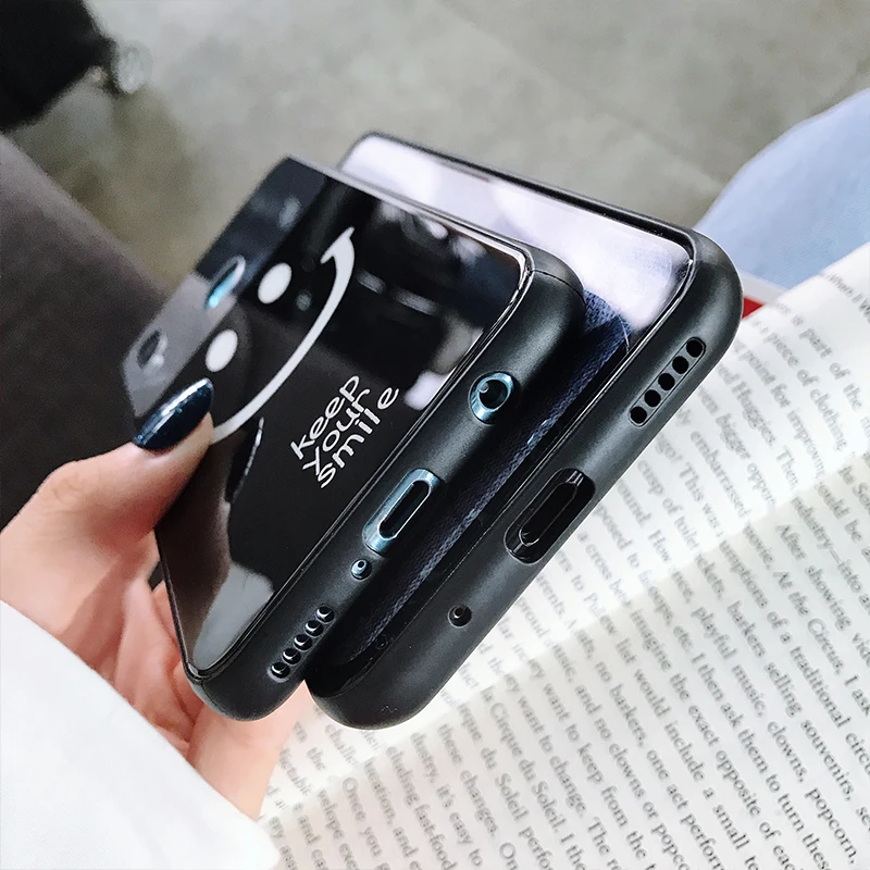 Роскошный зеркальный чехол для huawei P20 P30 Pro закаленное стекло смайлик крышка