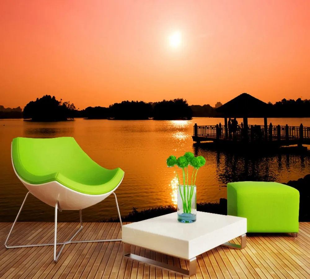 

Free Shipping Charming Scenery Sunset Sunrise TV Background Wall Custom 3d Porch Mural River Bridge Living Room Wallpaper
