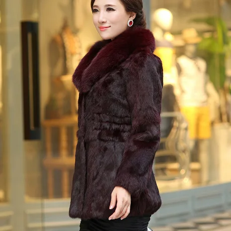 

2017 Winter Women's Genuine Natural Rabbit Fur Coat Fox Fur Collar Female Slim Outerwear Coats VF0067