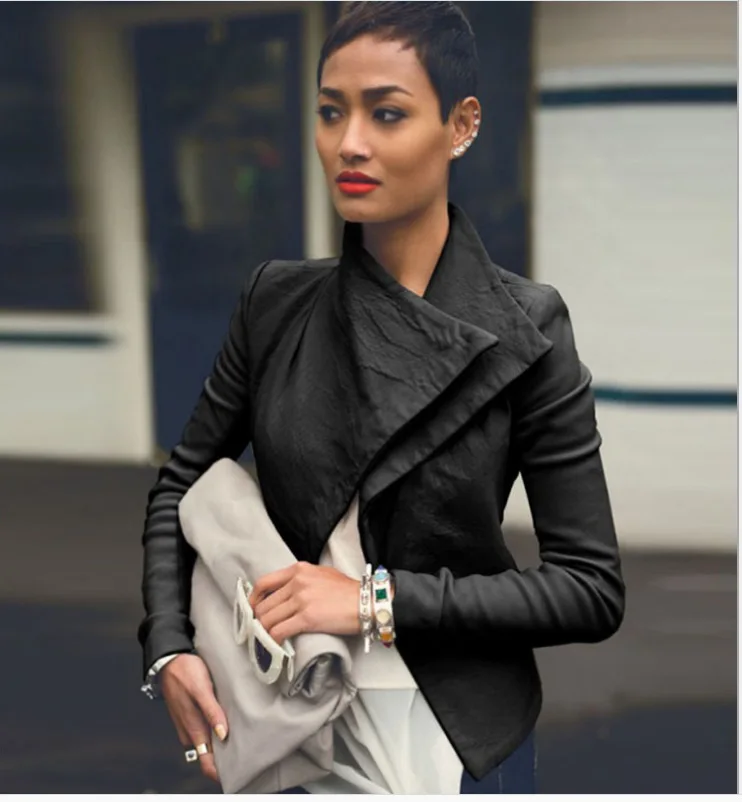 Autumn New Zipper Motorcycle Jacket Women Irregular Large Lapel Pu Black White Leather Jacket Casual Faux Leather Jackets - Цвет: Черный