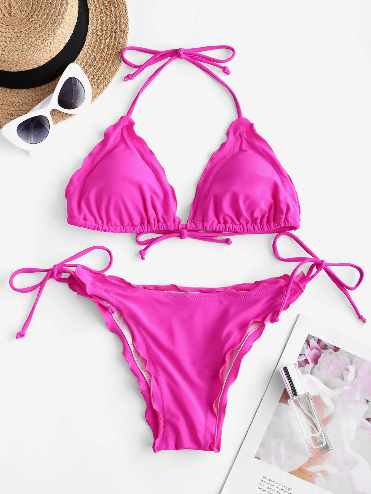 ZAFUL Стринги Бикини Салат-трим Мягкий бикини Купальник Halter Tie Side Бикини Сплошной купальный костюм Пуш Ап Сладкие купальники
