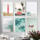 Настенная картина с розовым автобусом, голубым небом, морским пляжем, пальмами, Картина на холсте, скандинавские плакаты и принты, настенные картины для декора гостиной