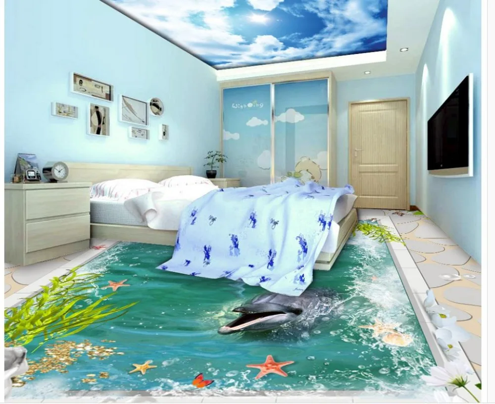 3d пол живопись обои украшение дома мраморный рамка Дельфин дизайн ПВХ