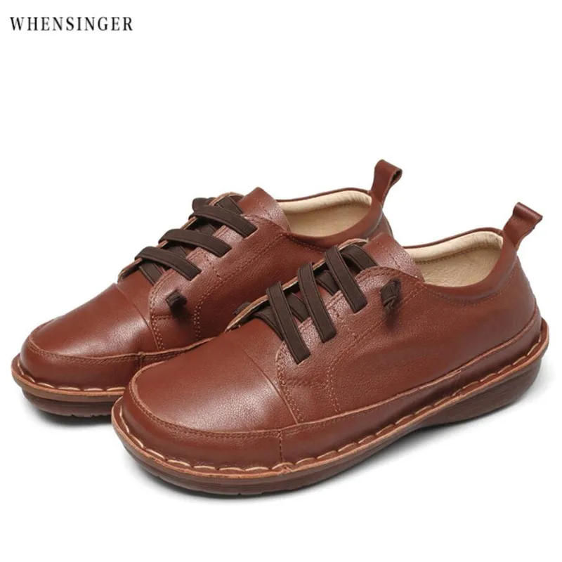 

Whensinger -New Breathable Women Casual Shoes Genuine Leather Female Ladies Flat Shoes Woman Footwear Single Shoes