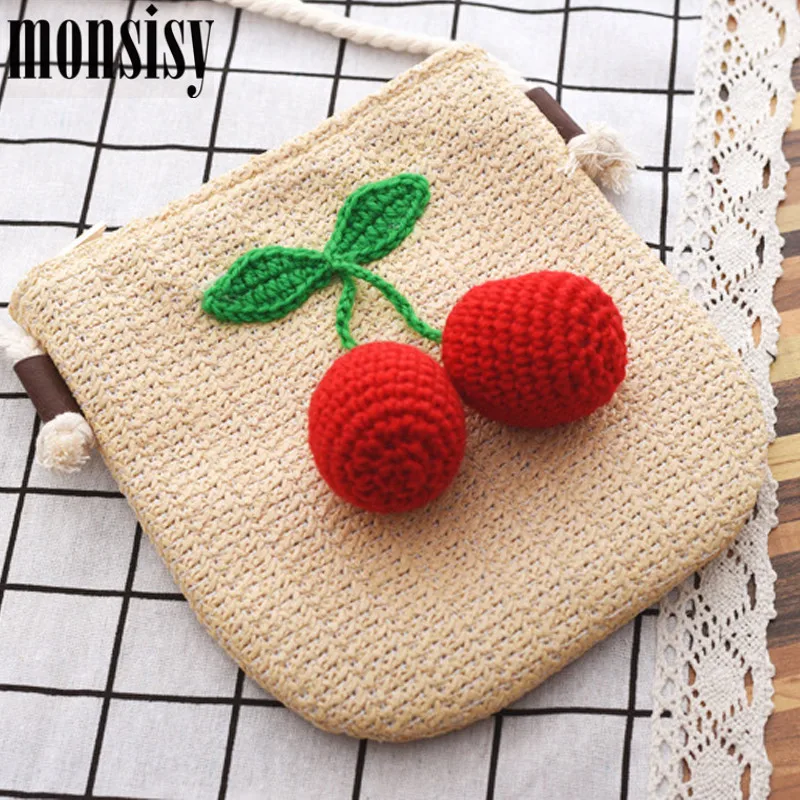 Monsisy Summer Straw Bag For Women Cherry Beach Girl Handbag Wallet Purse Causal Rattan Messenger |
