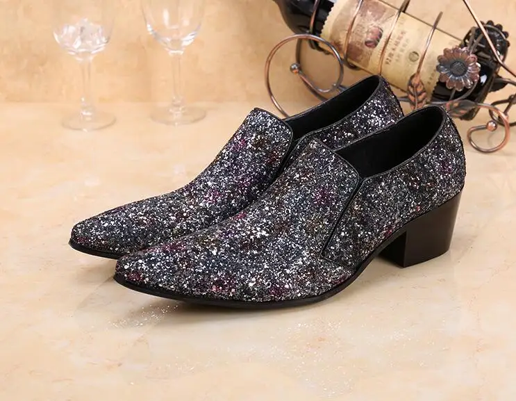 New Imitate Genuine Leather Men Oxford sequin high heels Pointed toes male wedding shoes slip-on smart casual dress sheos | Обувь