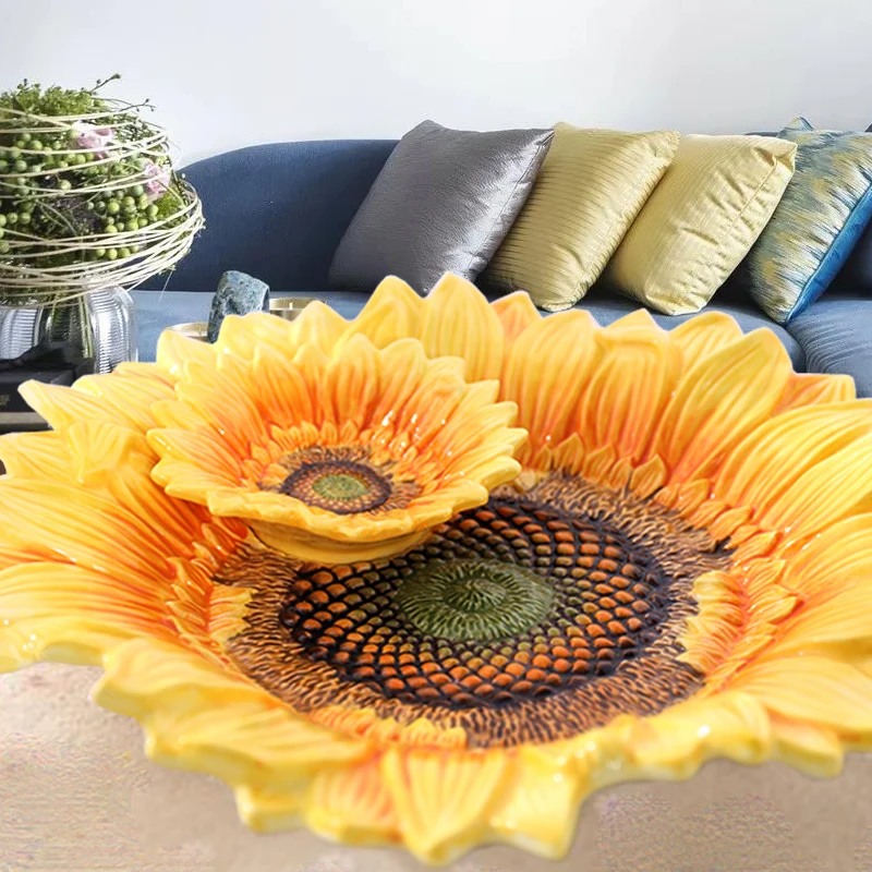 European Pastoral Sun Flower Ceramic Fruit Bowl Sunflower Multi-function Coffee Table Decoration | Дом и сад