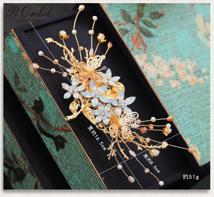 PEORCHID Chinese Bride Hair Jewelry Gold Comb Clip Bridal Pins Flowers Wedding Headdress Ornament Ancient Sticks |