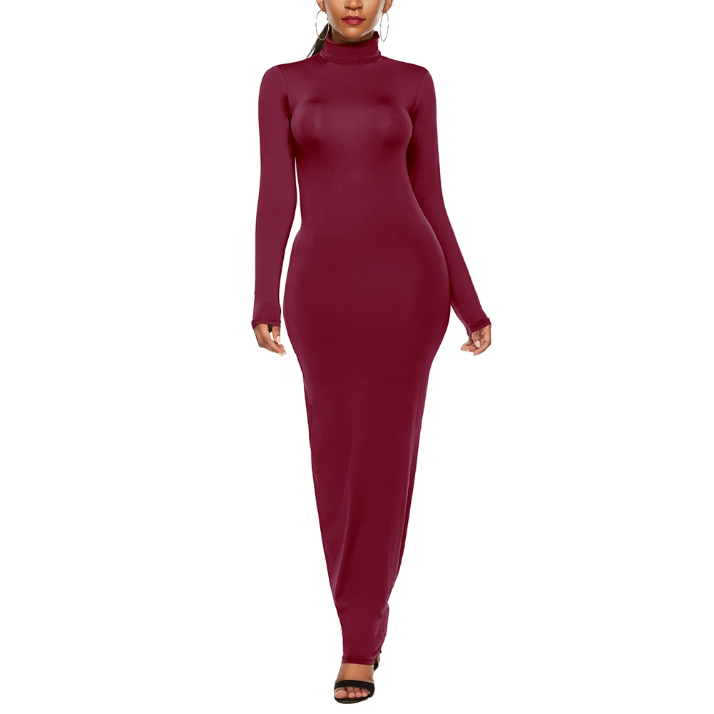 Women Long Sleeve High Collar Dress Solid Color Stretch Slim Summer QL Sale | Женская одежда