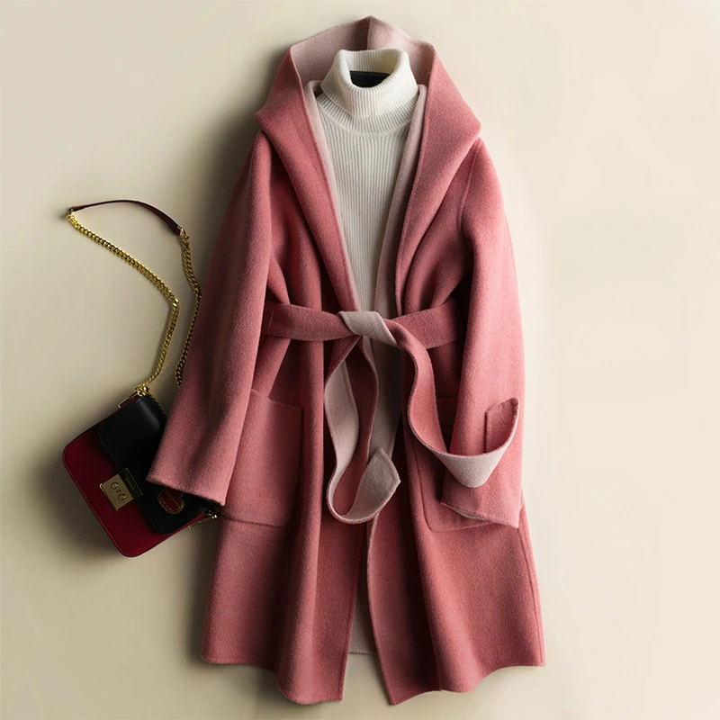 Watermelon red AYUNSUE, длинное шерстяное Женское пальто,, корейский стиль, Осень-зима, Женская куртка, женские кашемировые пальто из альпаки, верхняя одежда с капюшоном, 890765 - Цвет: Watermelon red