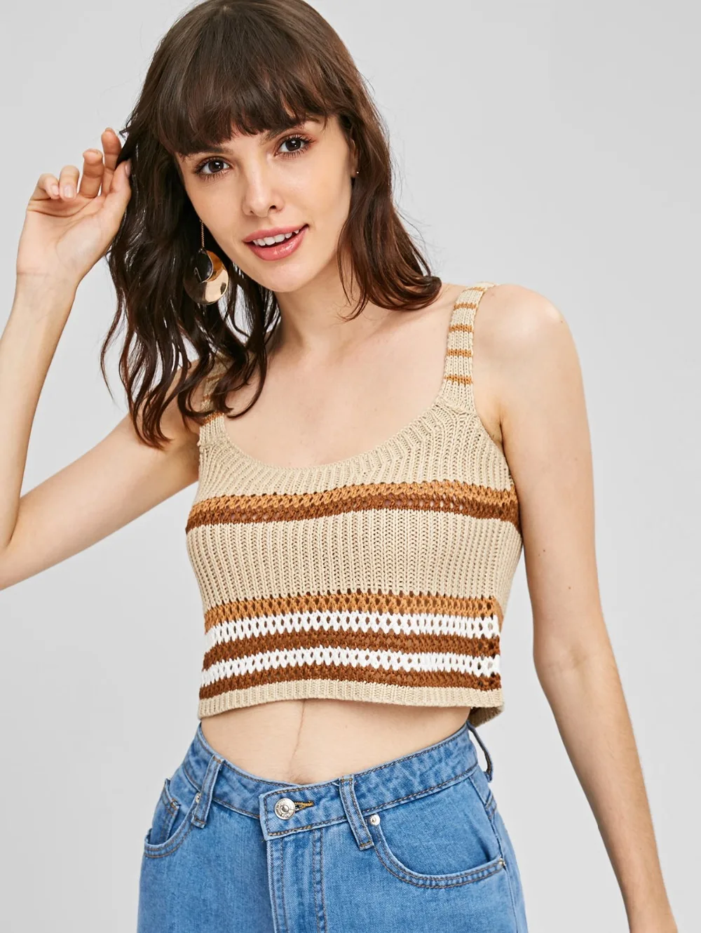 Укороченный свитер без рукавов в полоску 2018 Топ бретелей простой OL фитнес