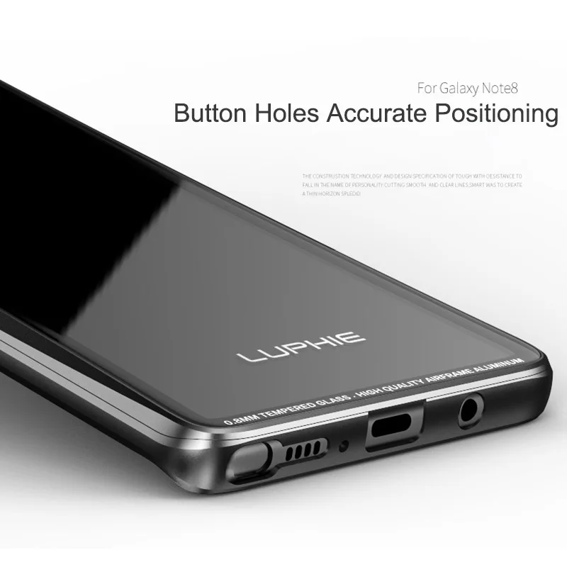 Luphie Bumper for Samsung Galaxy Note 8 Case Luxury Ultra Thin Metal Aluminum Frame+9H Transparent Tempered Glass back cover |