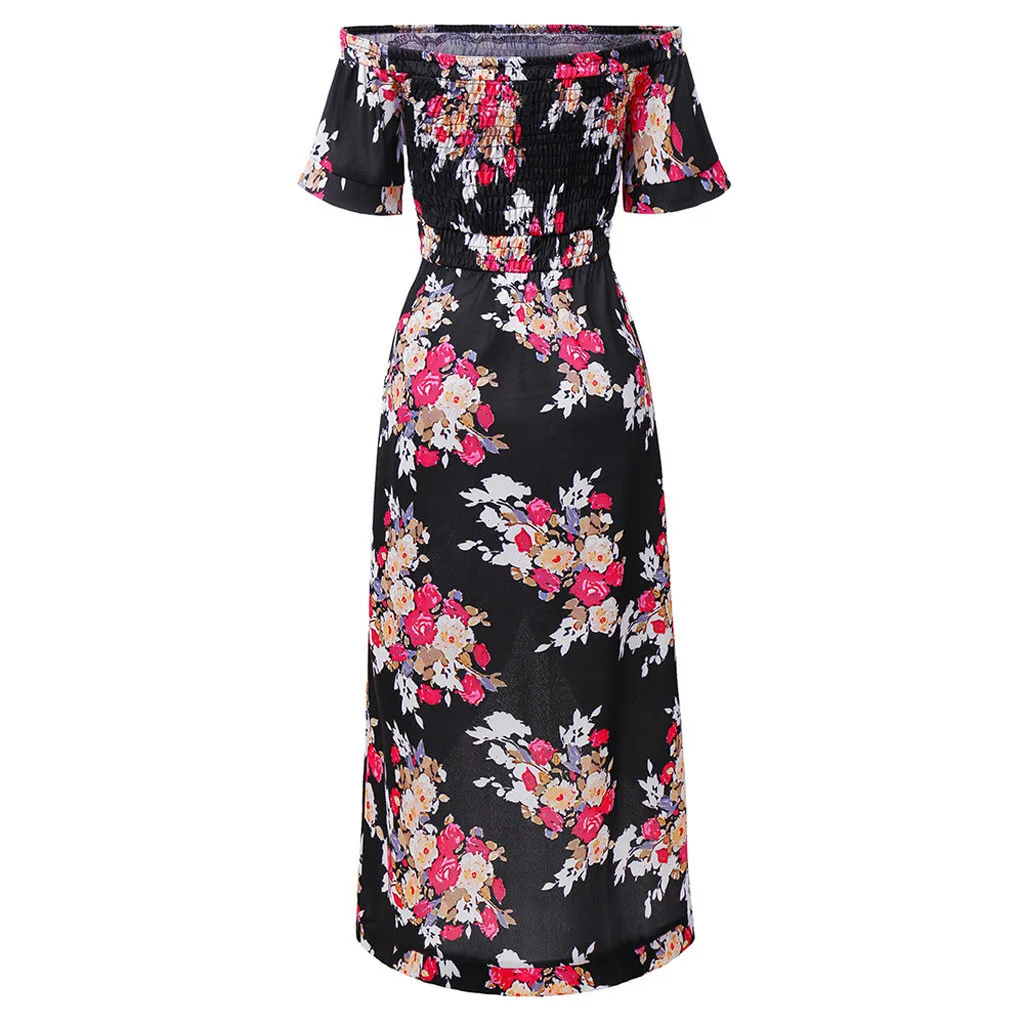 Женское летнее платье с открытыми плечами длинное вечернее принтом лето 2019 |