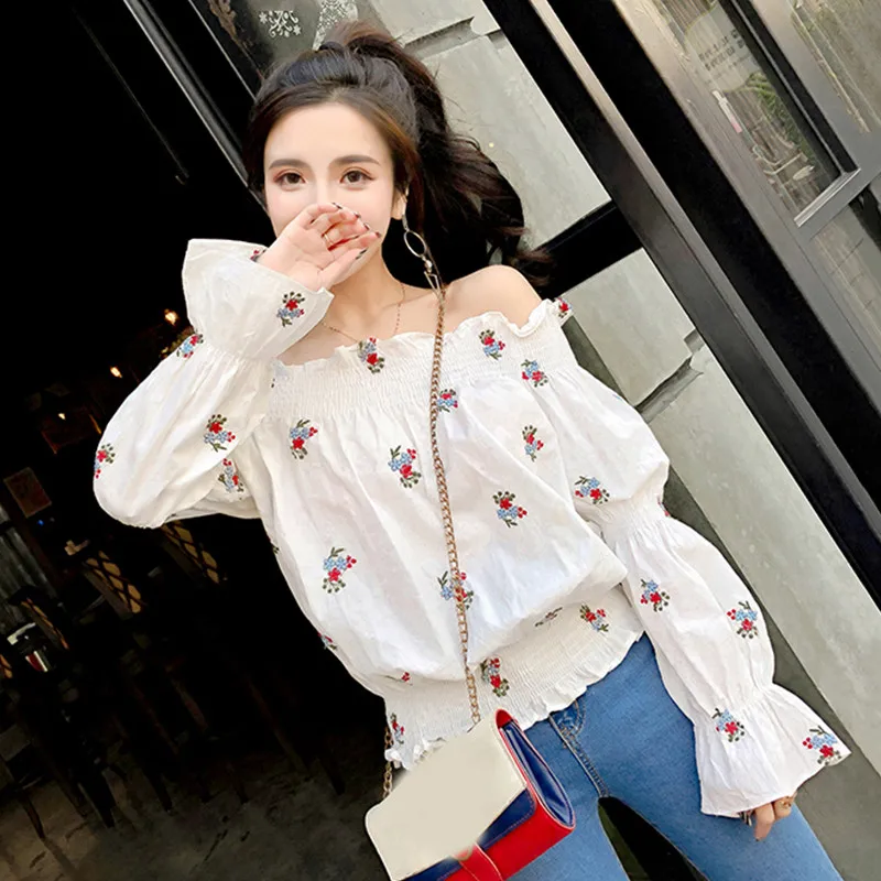 Neploe Blusa Feminina Цветочная вышивка; белый цвет Блузка Летняя женская рубашка корейские пышные рукава с открытыми плечами женские топы 35443