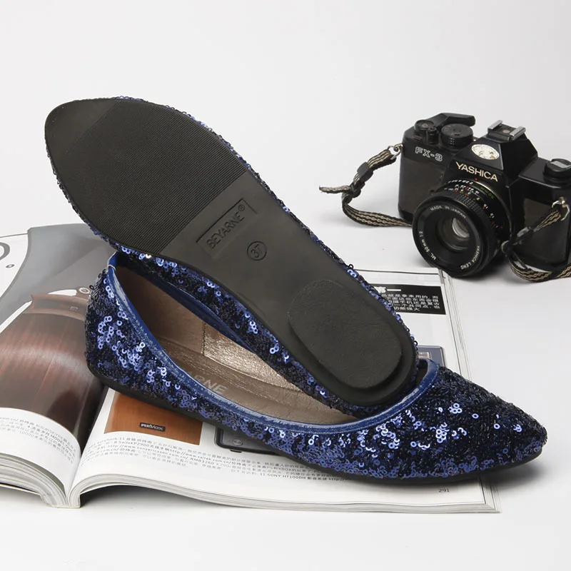 Блестящие балетки на плоской подошве с блестками женские синие цветные туфли