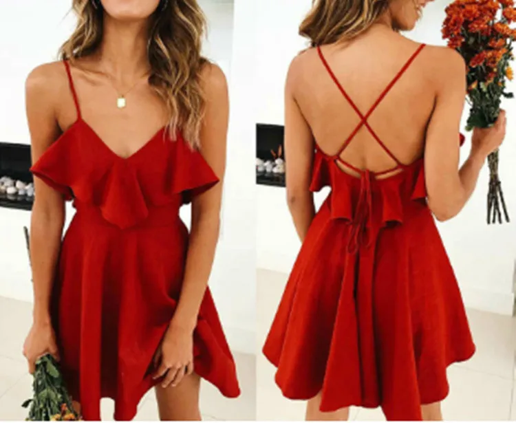 2019 Горячая продажа сексуальное летнее красное платье от плеча собранное в сборки