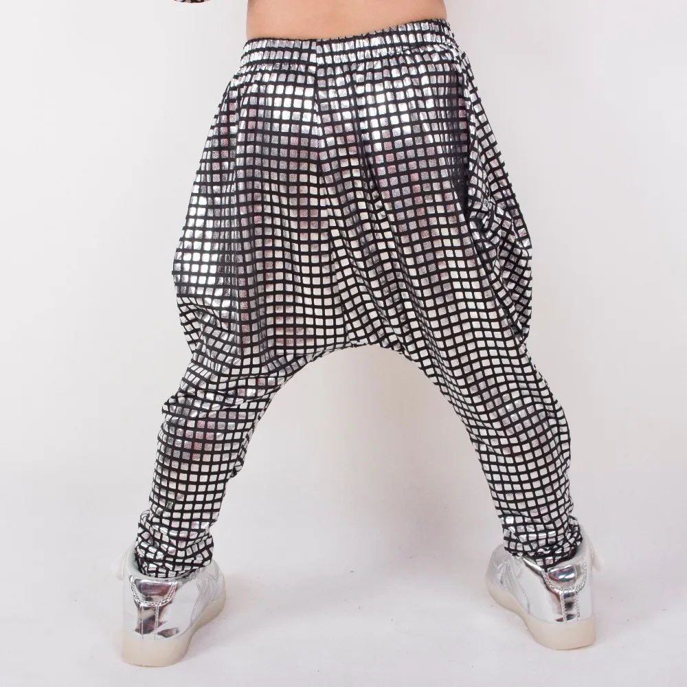 

Heroprose 2018 New personality silver plaid big crotch trousers stage performance costumes harem hip hop skinny pants for kids