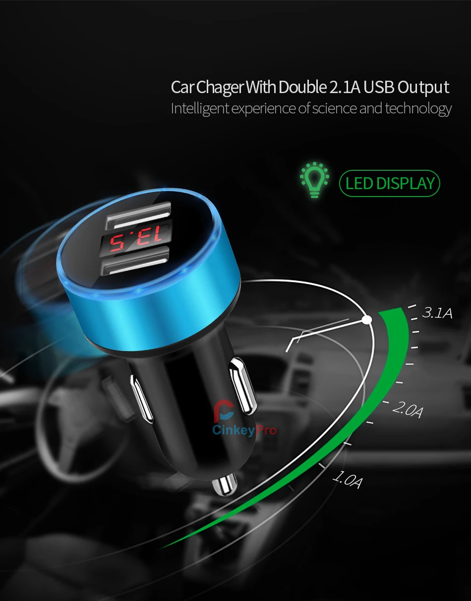 CinkeyPro автомобильное Зарядное устройство светодиодный Экран 2-Порты USB Зарядное устройство 2.1A автомобиля-Зарядное устройство мобильного телефона, Универсальные наушники для iPhone samsung зарядки