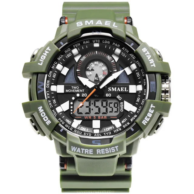 ArmyGreen SMAEL, мужские военные часы, светодиодный, кварцевые часы, спортивные часы для мужчин, двойной дисплей, наручные часы, relogios masculino, 30 м, водонепроницаемые - Цвет: ArmyGreen