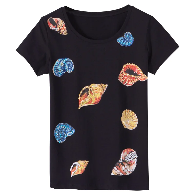 Женские летние топы с бриллиантами и О-образным вырезом облегающая футболка