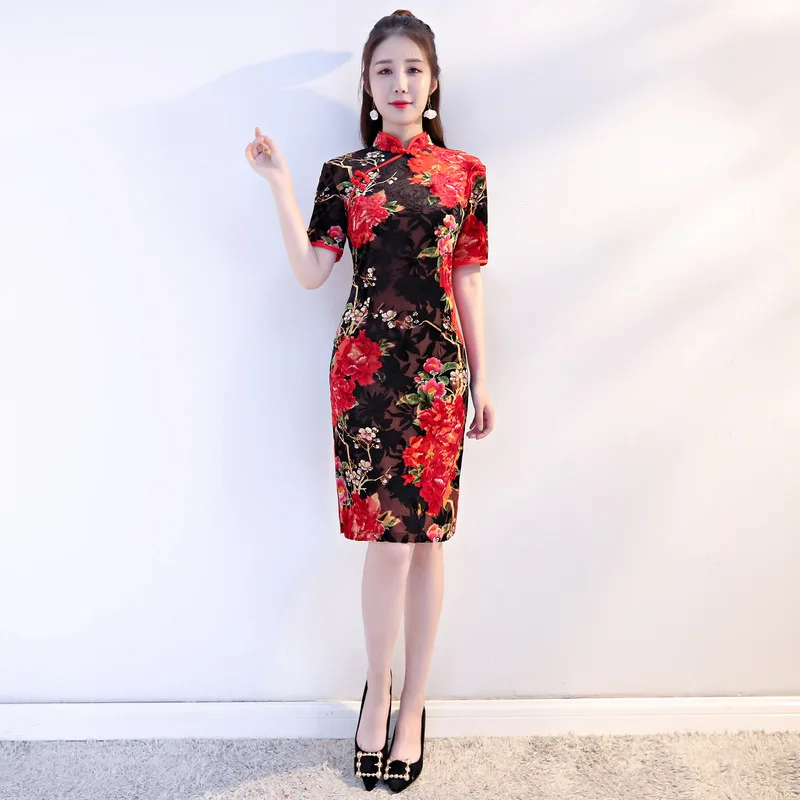 Новинка бархат цветок Cheongsam сексуальный Qipao новинка тонкий цветочный принт