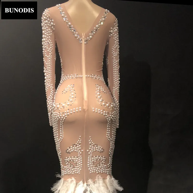 ZD27103 Women Sexy Long Skirt Simple Version Material Spandex Sparkling Crystals Pearl White Feather Tail Fashion Show Costumes | Женская