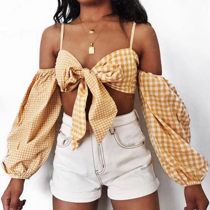 New V Neck Sexy Long Sleeve Short Tops Women Summer Bow Tied Casual Tee Shirt Orange Spring Blouses for Ladies 2019 Strap Shirts