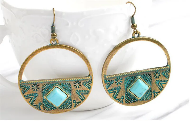 Винтажные камень кулон серьги Круглый Цветок Резные большие круглые букле