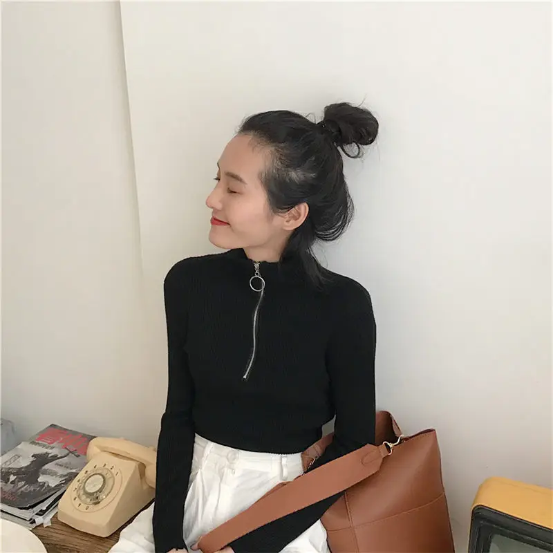 HziriP 2018 Autumn Stylish Women High Quality Knitted Turtleneck Pullover Sweet Sexy All-Match Slim Elastic Black Sweater Simple | Женская