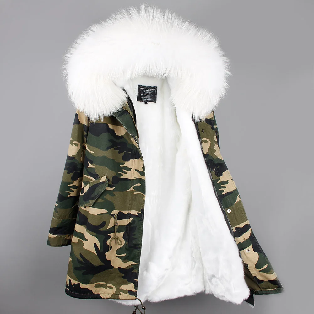 camo white fur Бренд, женская зимняя куртка, длинная, съемная подкладка, армейский зеленый цвет, парка, большая, натуральный мех енота, пальто с капюшоном, верхняя одежда - Цвет: camo white fur