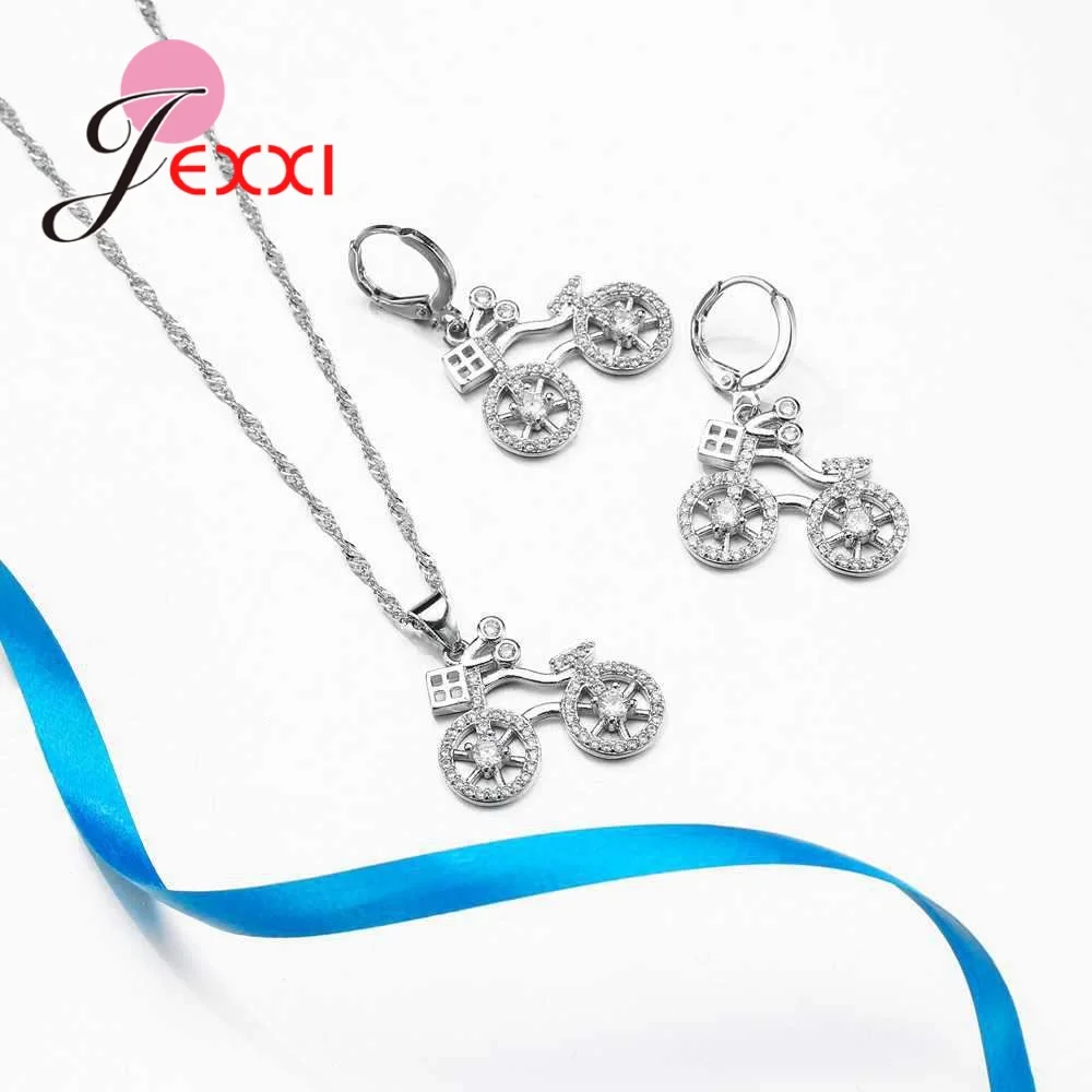 Original Bicycle Pendants Necklace Drop Earrings Set Party 925 Sterling Silver Jewelry Fashion Cubic Zircon Jewellery | Украшения и