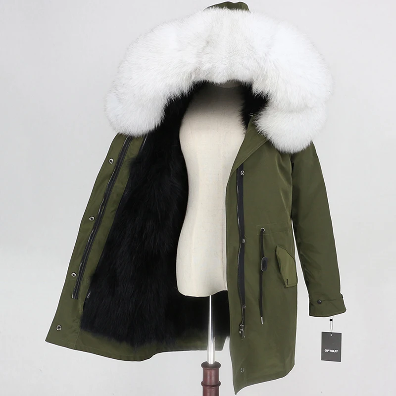 OFTBUY пальто с натуральным мехом, зимняя куртка для женщин, натуральный Лисий мех, водонепроницаемая парка, съемная верхняя одежда, Толстая теплая уличная одежда, бренд - Цвет: green black white D