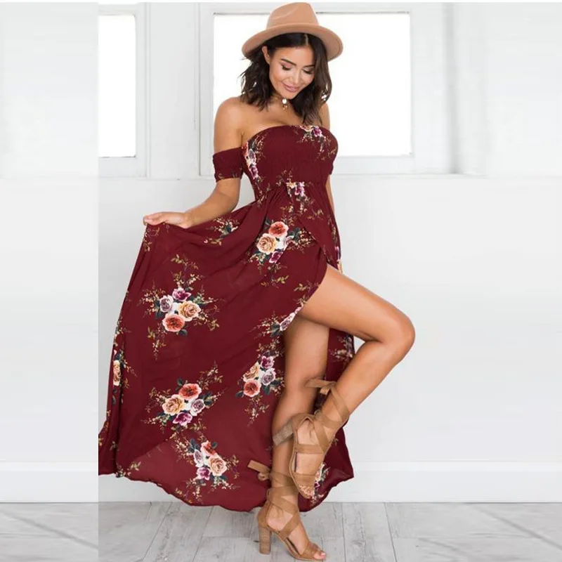Женское шифоновое длинное платье с цветочным принтом и открытыми плечами