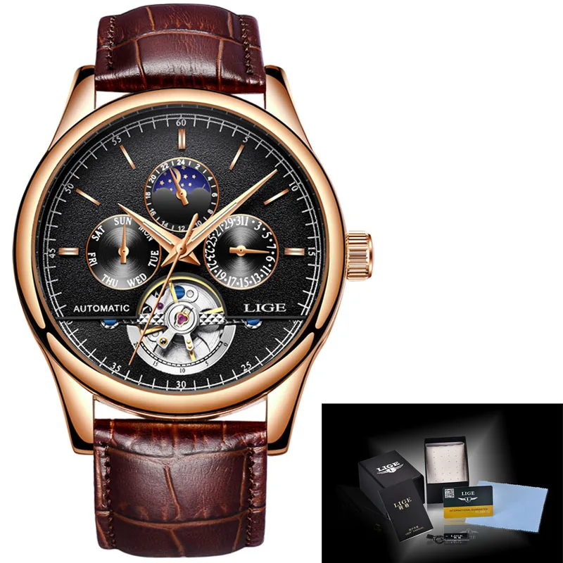 LIGE Брендовые мужские часы автоматические механические часы Tourbillon спортивные часы кожаные повседневные деловые часы в ретро-стиле Relojes Hombre - Цвет: L Gold black