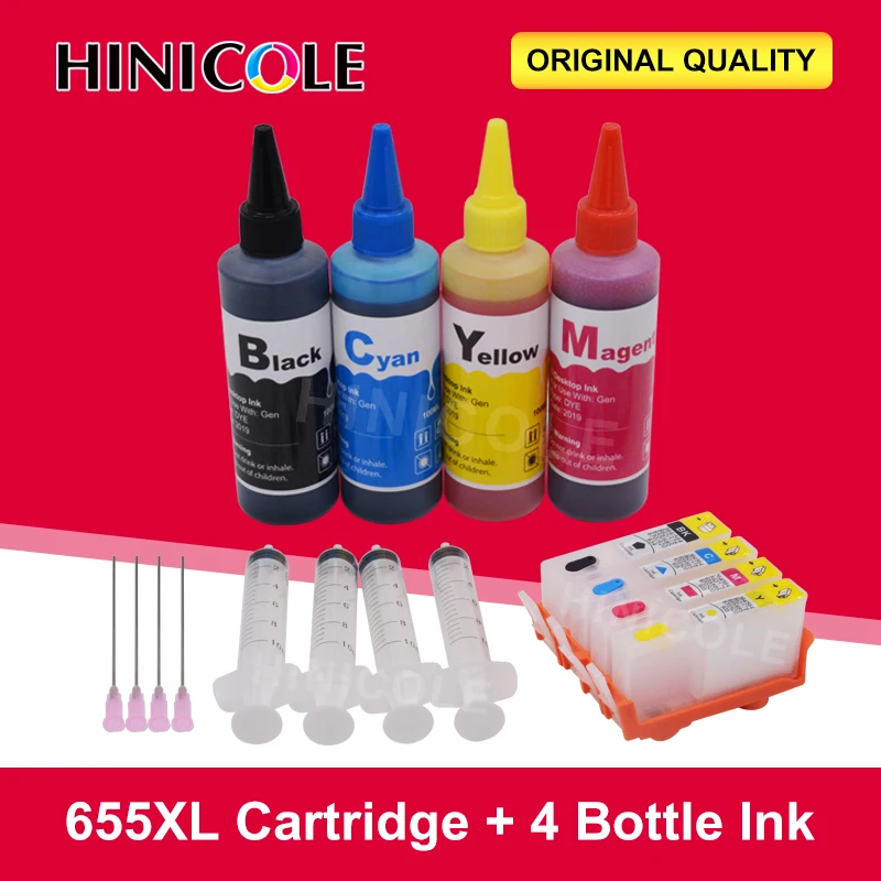 Hinicole for HP 655 Refillable ink cartridge Deskjet 3525 4615 4625 5525 6520 6525 + 4 Color Bottle Printer Dye Ink 400ML | Компьютеры и