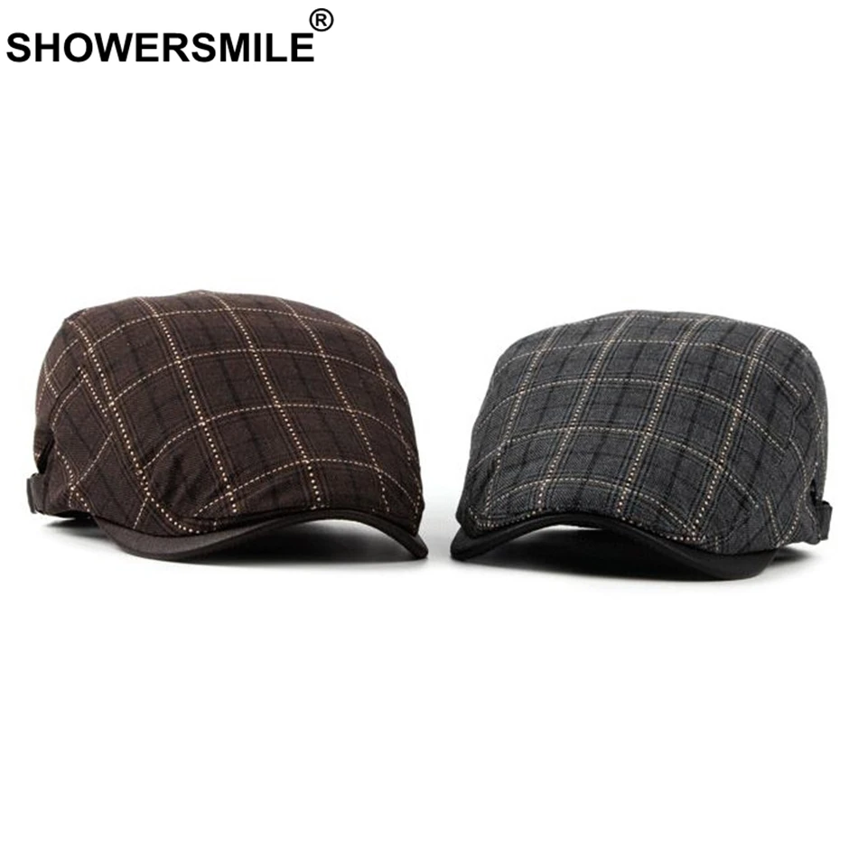 SHOWERSMILE классический береты для мужчин клетчатая хлопковая Регулируемая плоская кепка мужской Клетчатый английский стиль лето осень плюща утконоса шляпа