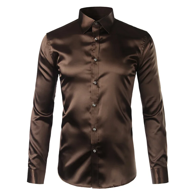 Новинка, Золотая шелковая атласная рубашка для мужчин, Chemise Homme,, модная мужская приталенная рубашка с длинным рукавом, имитация шелковой пуговицы, красная рубашка
