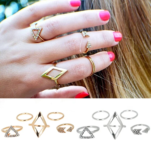 Hot 5Pcs Rhinestone Golden Above Knuckle Band Ring Midi Finger Tip Stack 6KBI 7GLI BDNB | Украшения и аксессуары