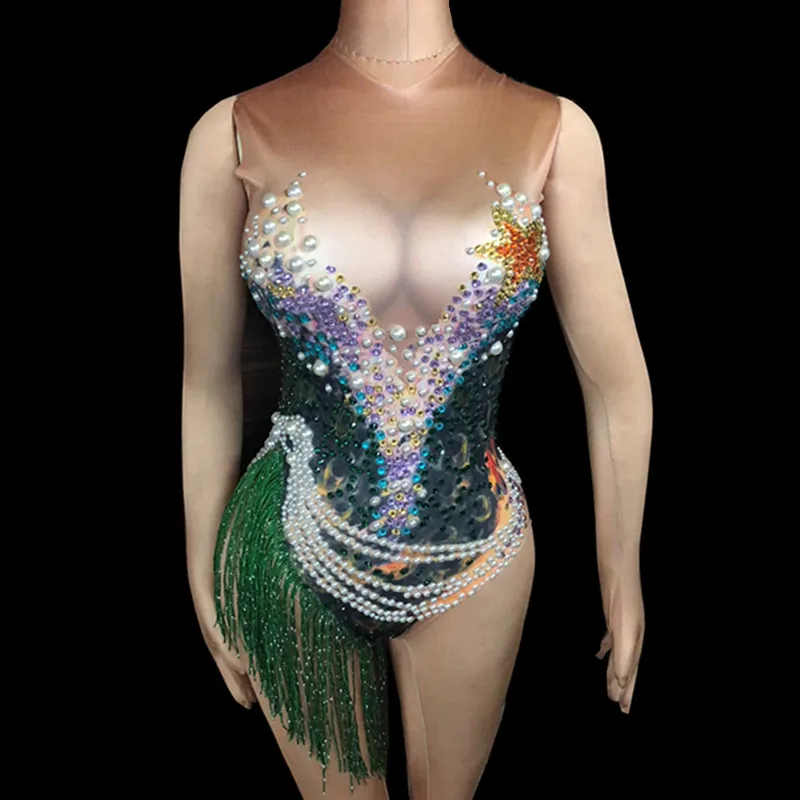 Боди Стразы с узором павлина белые жемчужные зеленые кисточки без рукавов