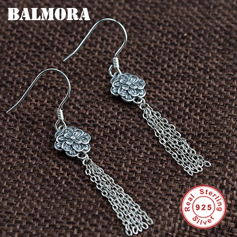 BALMORA, 925 пробы, Серебряный цветок, цепочка с кисточкой, свисающие серьги для женщин, леди, бижутерия, винтажное модное ювелирное изделие, Brincos SY31679