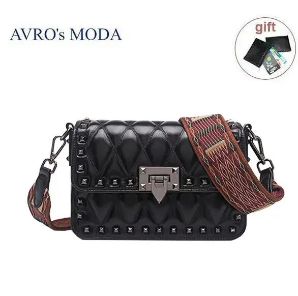 black Бренд AVRO MODA, женские сумки через плечо из натуральной кожи, женские роскошные дизайнерские сумки через плечо с заклепками, маленькая квадратная сумка-мессенджер - Цвет: black