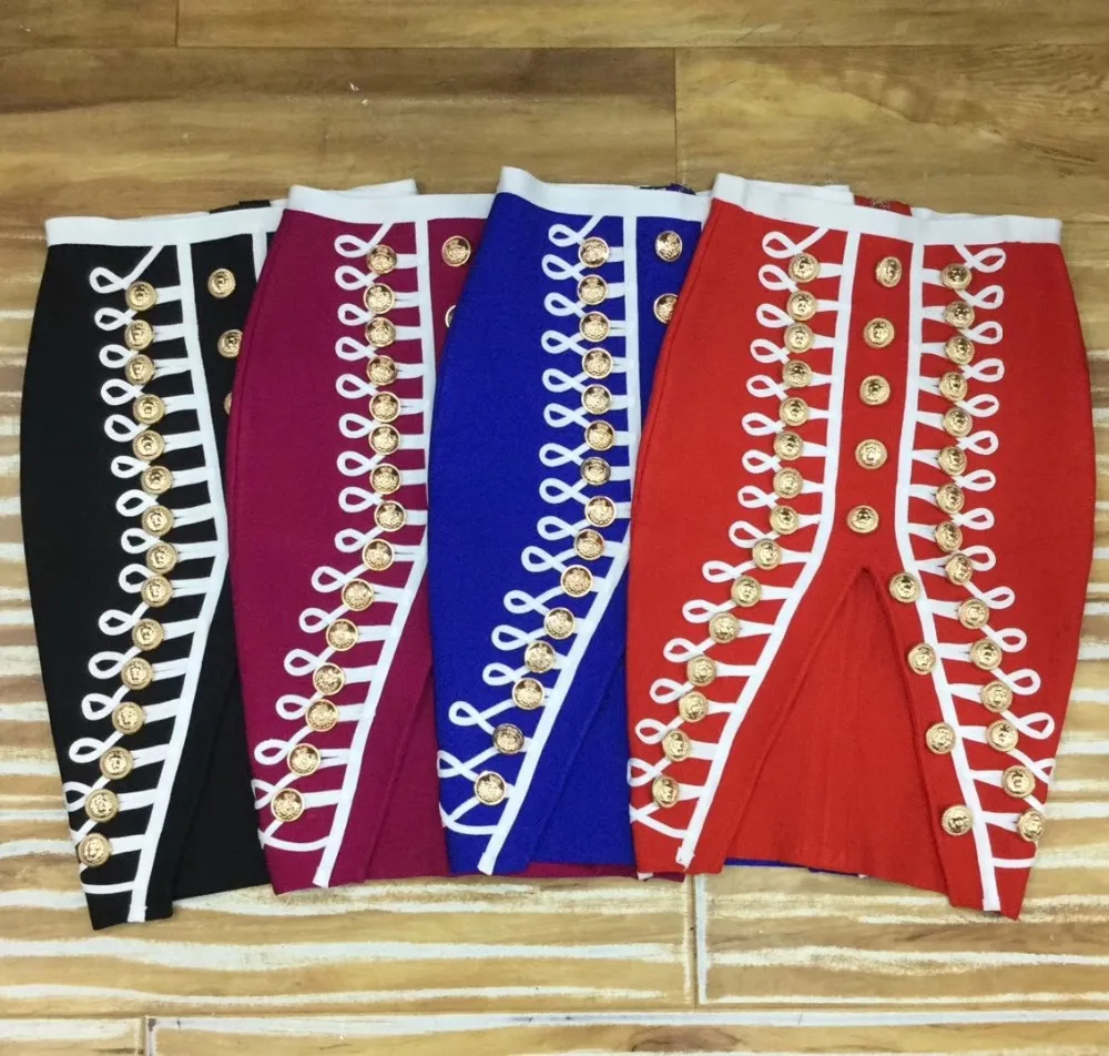 Красные синие черные фиолетовые новинка 2018 бандажная юбка на пуговицах карандаш