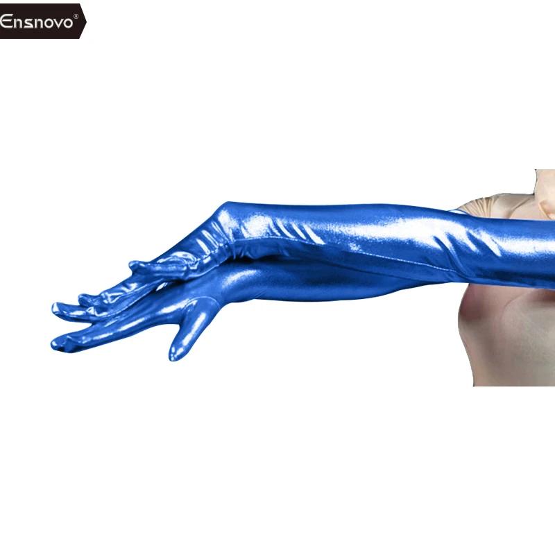 royalblue Ensnovo женский спандекс полиэстер черный блестящий металлик 2" с длинным рукавом Косплей костюмы мокрого вида Опера Длина Вечерние перчатки - Цвет: royalblue