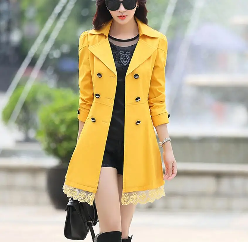 Women's trench COATS slim FEMALE coats fashion windbreaker belt lapel versatile female outwear Double-breasted Lace women | Женская