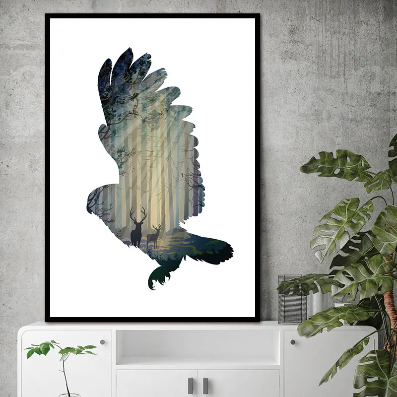 Силуэт летающей Совы с сосновым лесом холст Художественная печать постер