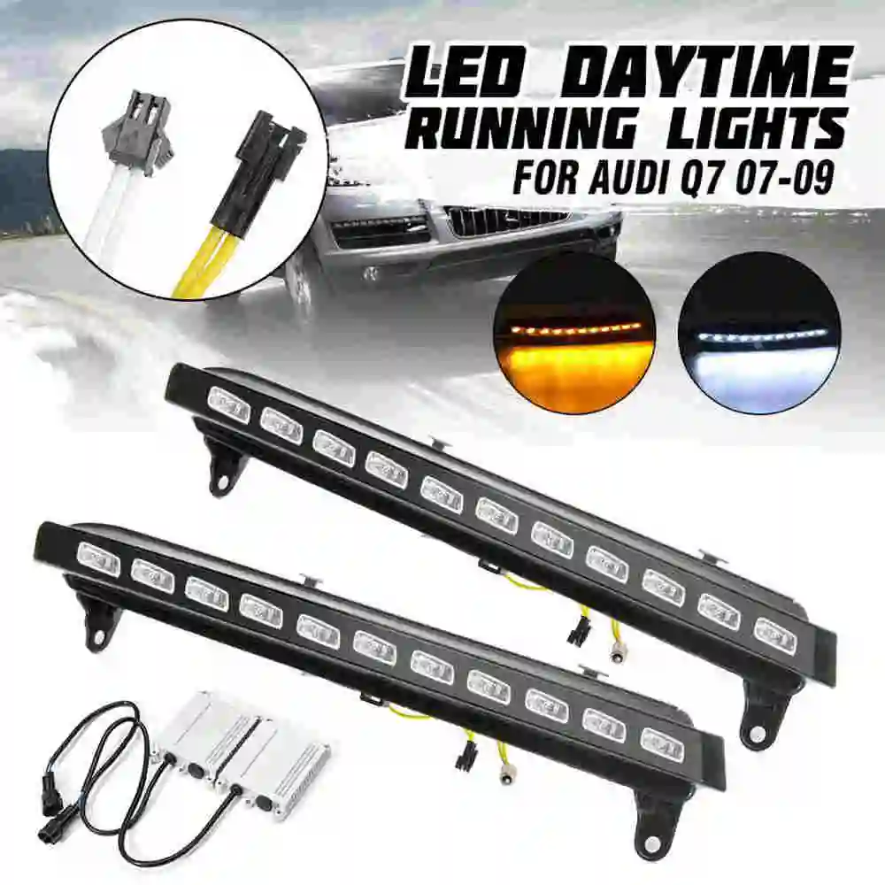 yellow and white Пара 12V светодиодный Автомобильные фары дневного света DRL Противотуманные лампы светильник с желтый индикатор сигнала поворота светильник для audi q7 2006 2007 2008 2009 - Испускаемый цвет: yellow and white