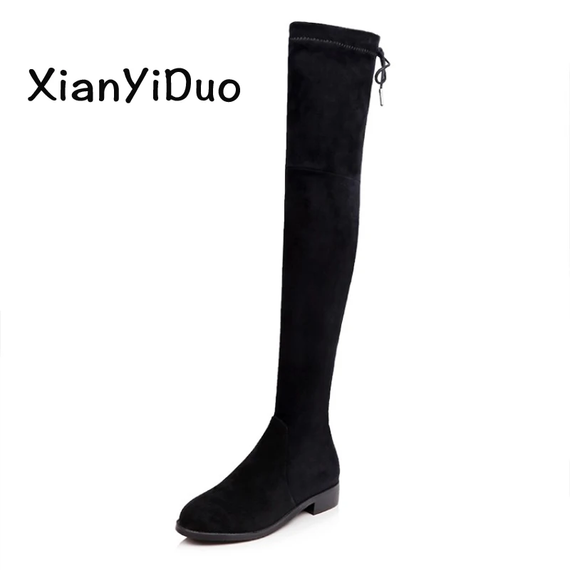 Xianyiduo Overy/Женская обувь до колена на низком каблуке молнии с микро