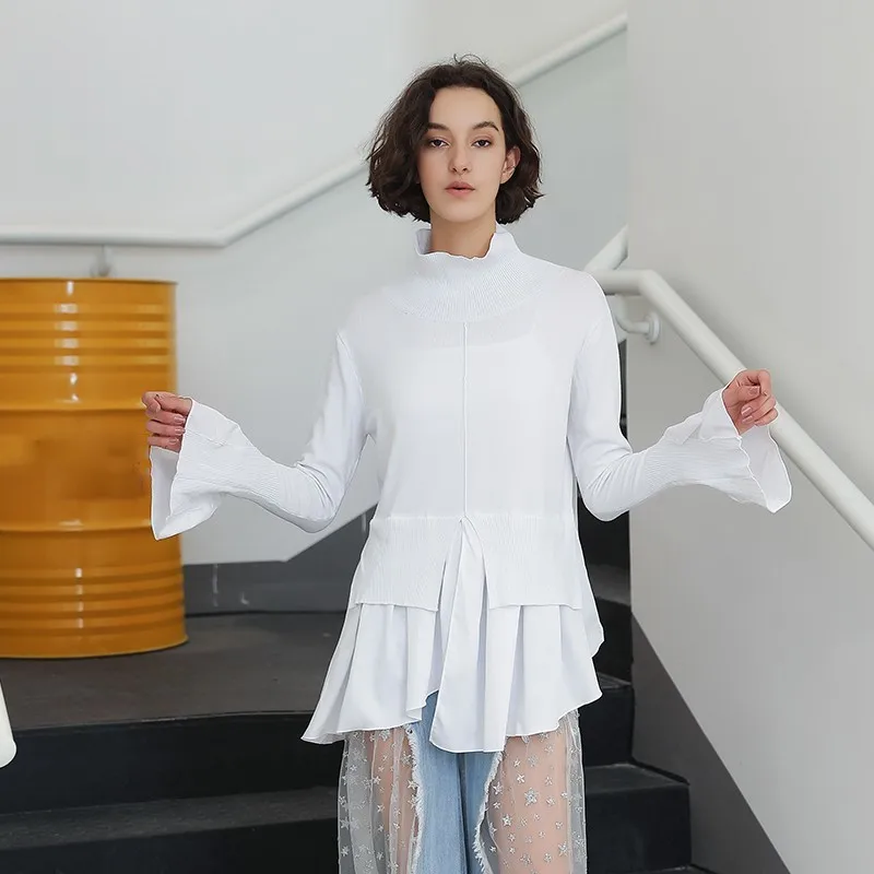 TWOTWINSTYLE Turtleneck Sweater Female Flare Sleeve Irregular Ruffles Patchwork Draped Knitted Pullover Women Autumn Clothing | Женская