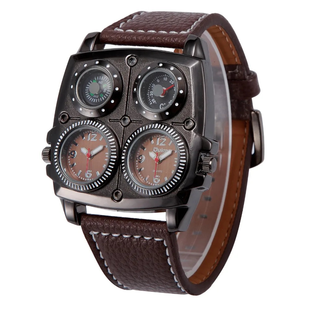 

10pcs A Lot OULM Mens Watches Casual Quartz Wristwatch Leather Strap Oversize Military Decoration Compass Dial 2 Time Zone Watch