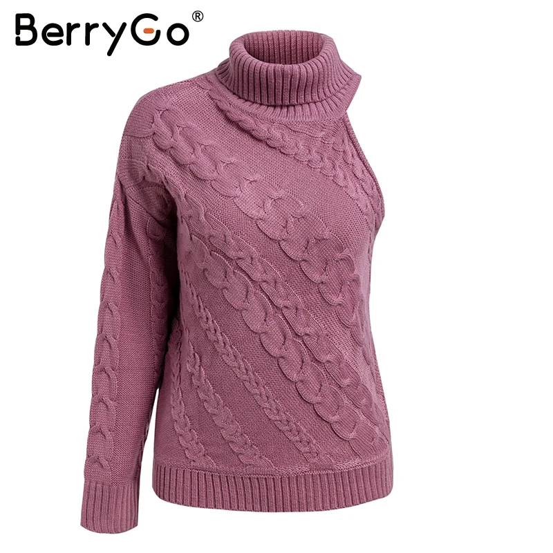 BerryGo One shoulder white turtleneck knit sweater female Fashion long sleeve casual pullover Women 2018 autumn winter jumper | Женская